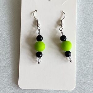 Hand Crafted Green and Black Beaded Dangle Earrings